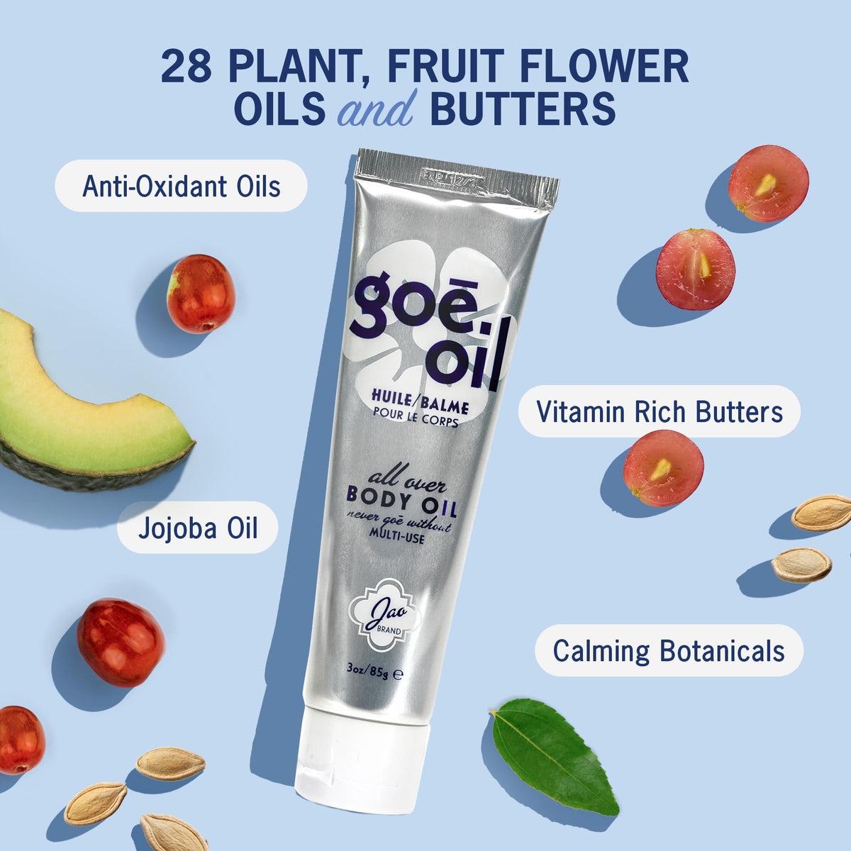 Jao Goē Oil ingredients flatlay showing botanical oils and plant butters benefits