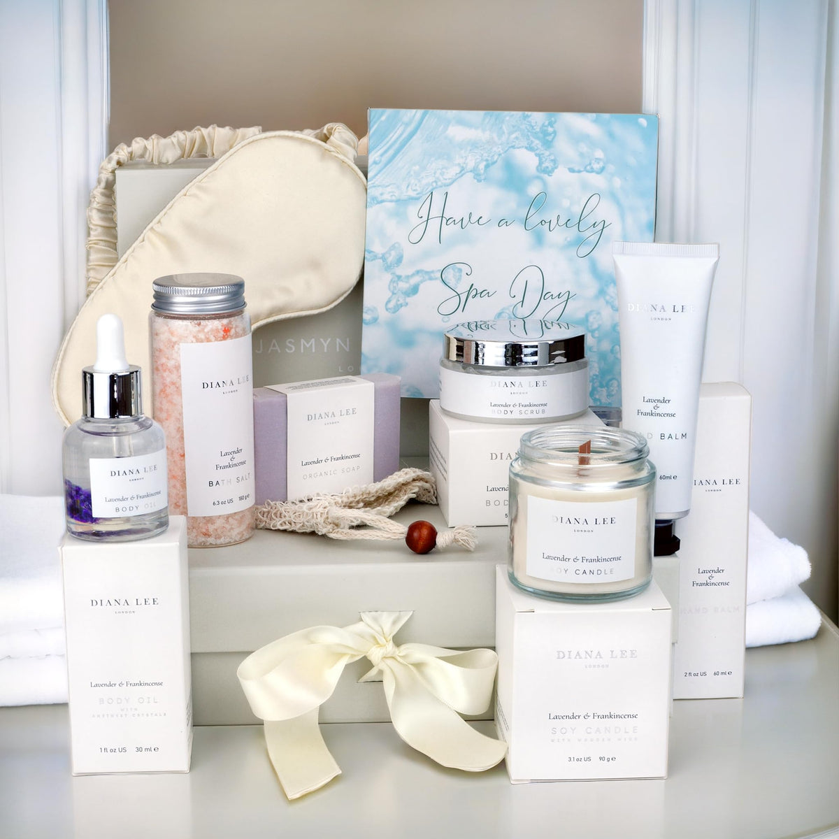 Jasmyn & Greene full contents arranged in box displaying ten coordinated spa items