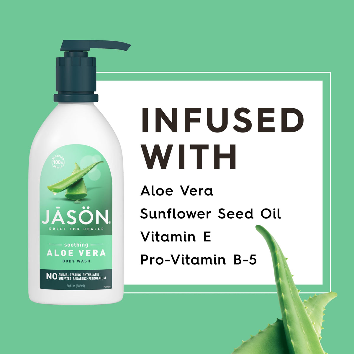 JASON recycled material bottle label emphasizing eco friendly packaging benefit