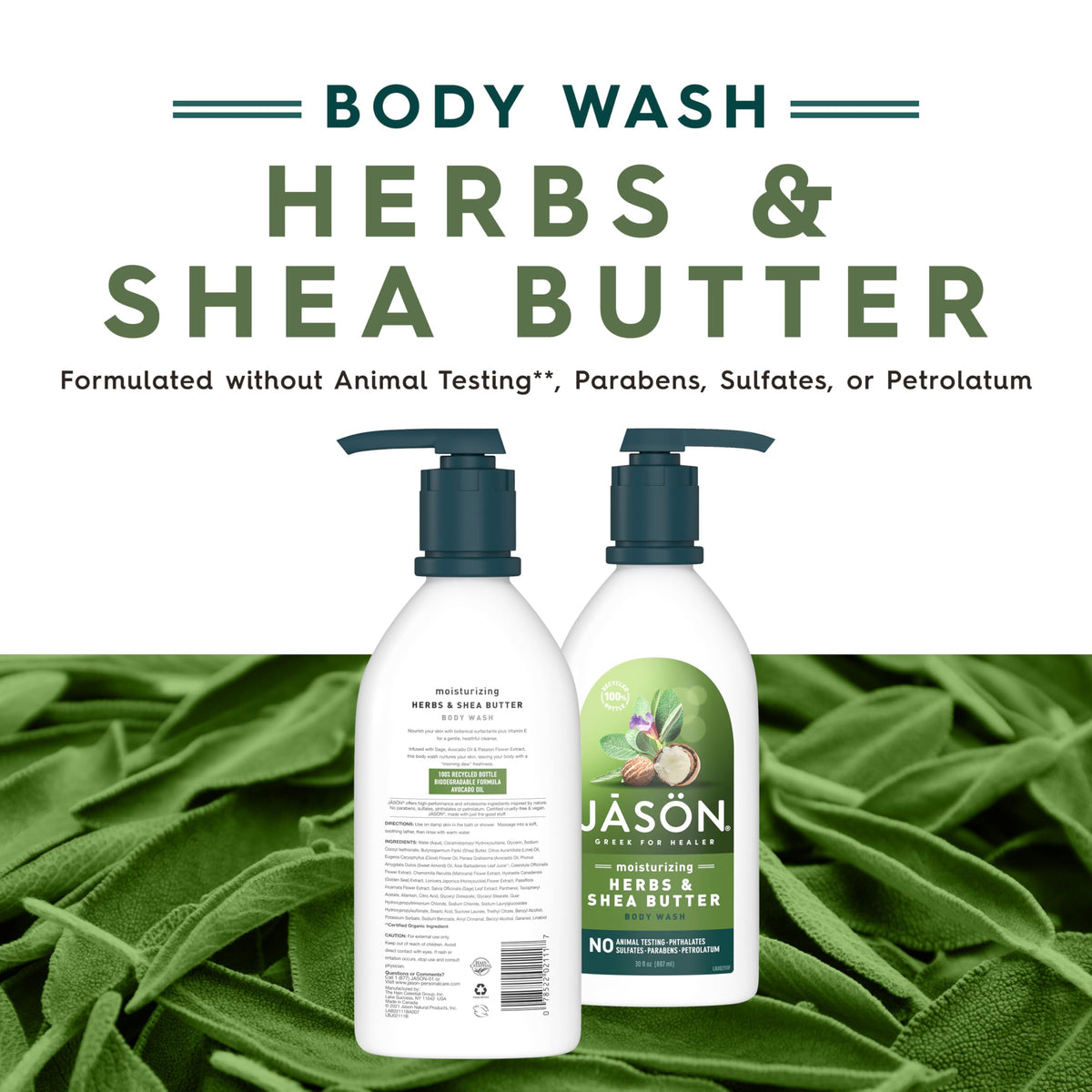JASON pump and label close-up highlighting ingredients and easy dispensing benefit