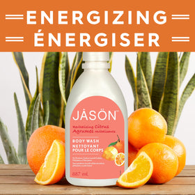 JASON citrus bottle with citrus fruit props suggesting bright fragrance and freshness