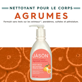 JASON citrus texture foam on loofah illustrating rich lather for efficient cleansing