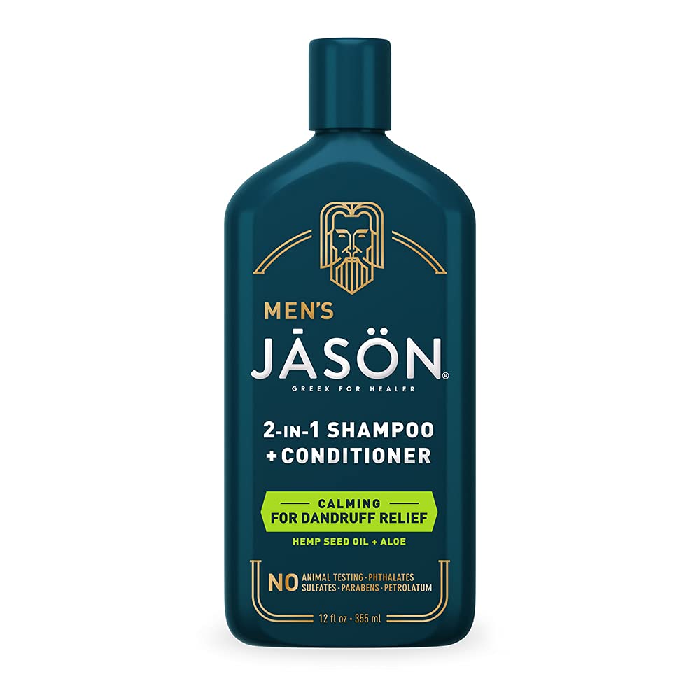 JASON front bottle view showing product for calming flaky scalp and easy use