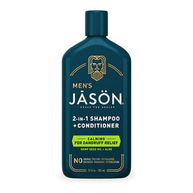 JASON front bottle view showing product for calming flaky scalp and easy use