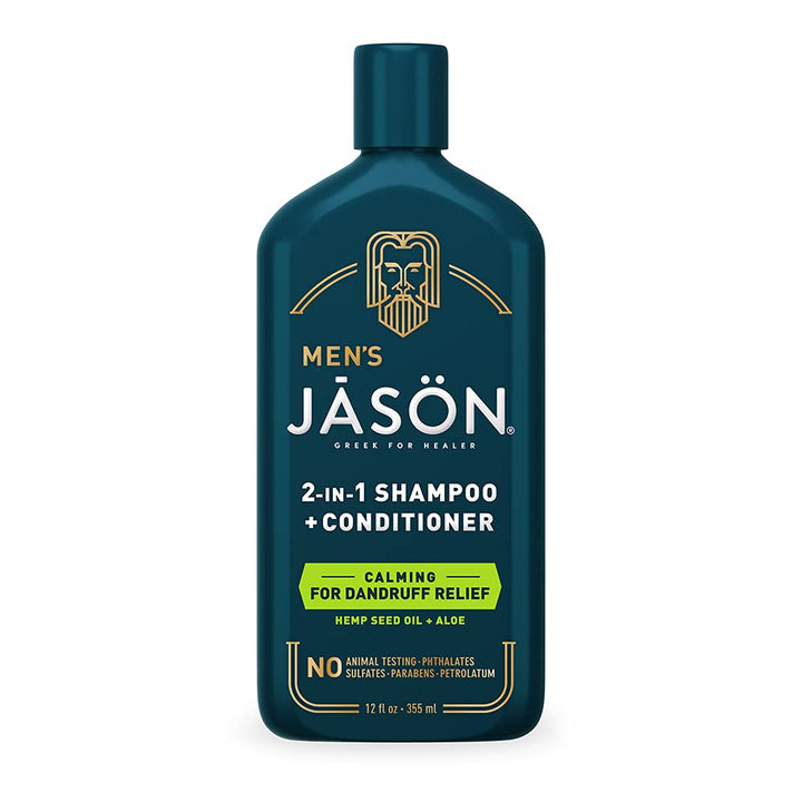 JASON front bottle view showing product for calming flaky scalp and easy use