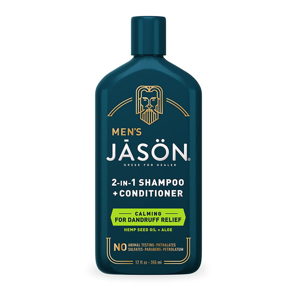 JASON front bottle view showing product for calming flaky scalp and easy use