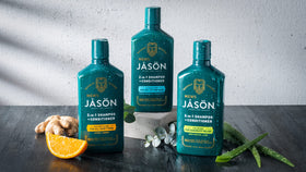 JASON bottle on bathroom shelf in lifestyle setting for everyday grooming benefit