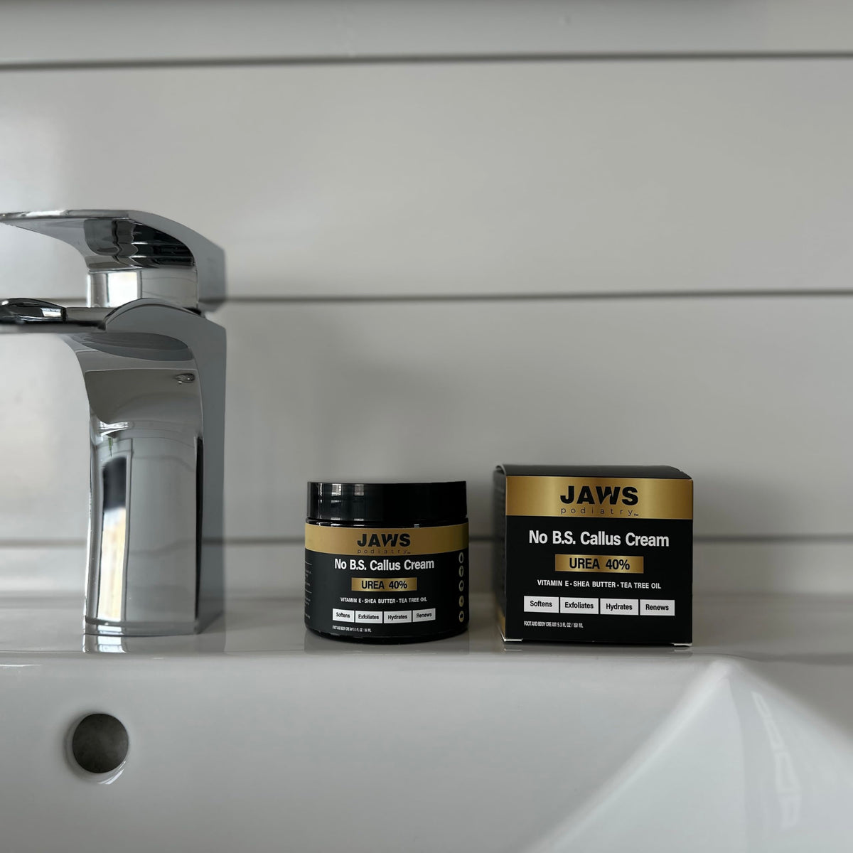 Jaws Podiatry tube on bathroom shelf in lifestyle setting promoting routine use