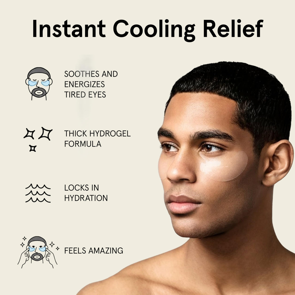 JAXON LANE model applying patch under eye demonstrating secure fit and cooling effect