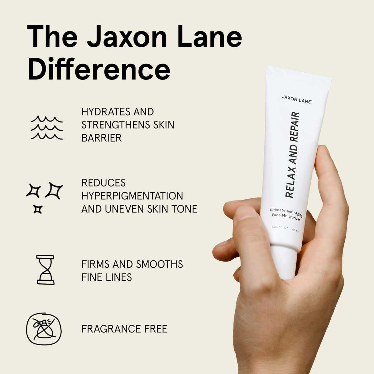 JAXON LANE close-up ingredient label highlighting niacinamide and hyaluronic acid