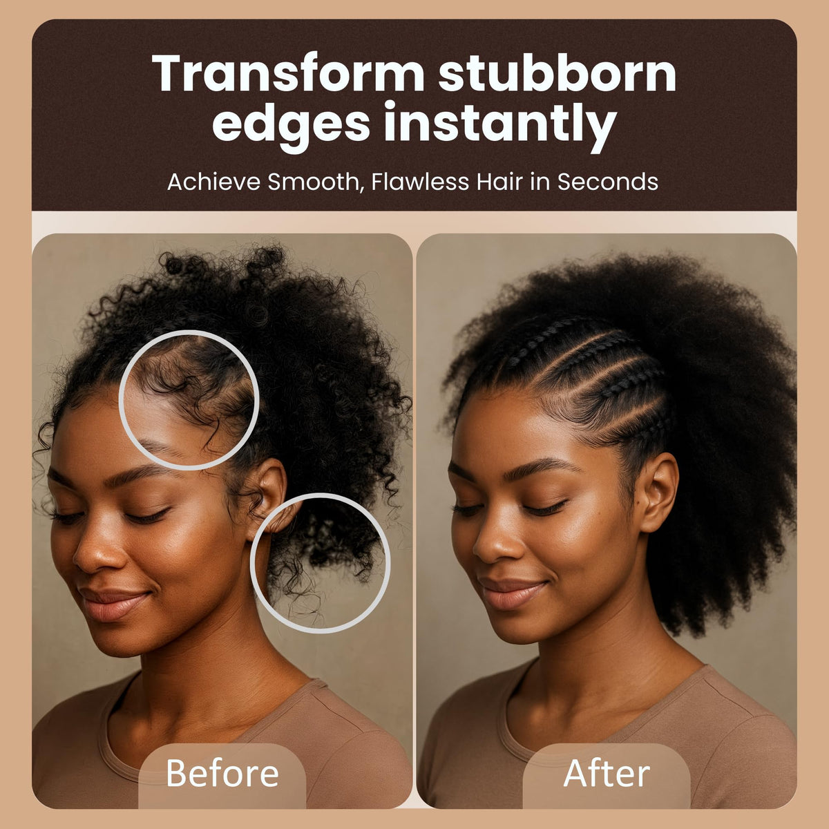 Jaycee Naturals before and after edges showing defined, residue-free finish