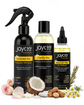 Jaycee Naturals kit front packaging showing full three-step routine benefits
