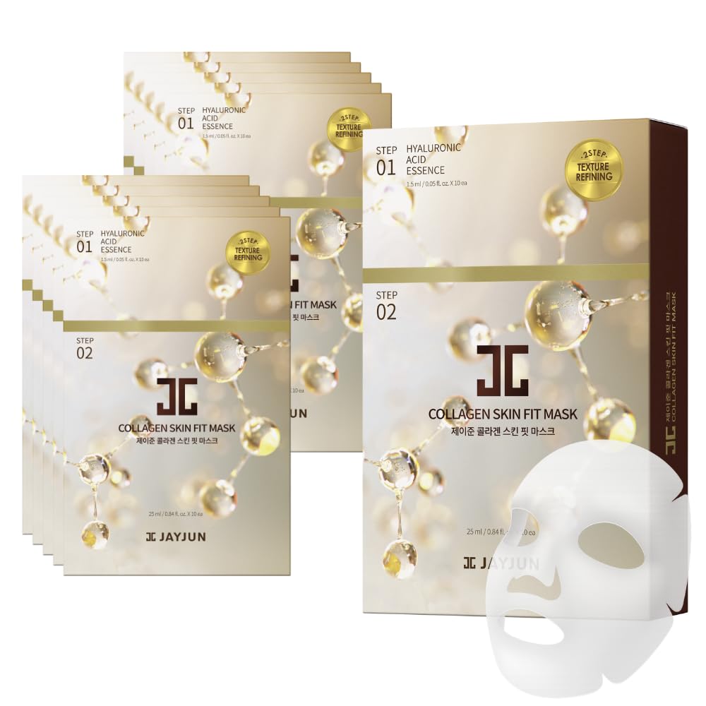 JAYJUN front packaging showing 10-sheet collagen mask set and benefits