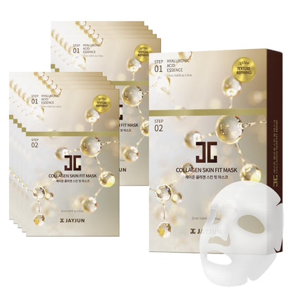 JAYJUN front packaging showing 10-sheet collagen mask set and benefits