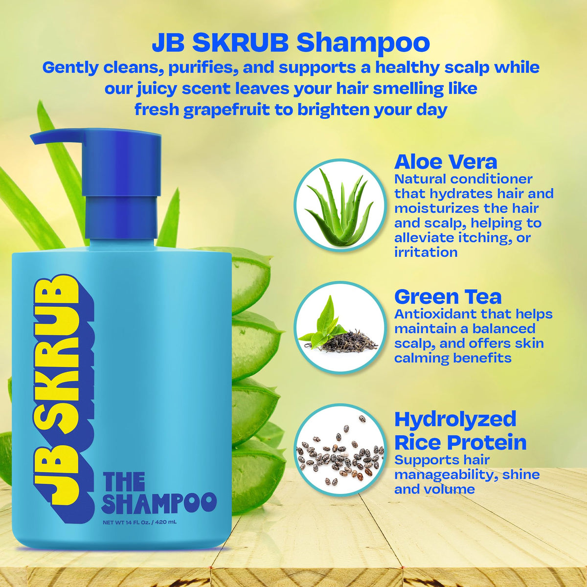 JB SKRUB bottle held in hand for scale, shows convenient 14oz size
