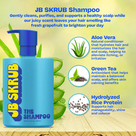 JB SKRUB bottle held in hand for scale, shows convenient 14oz size