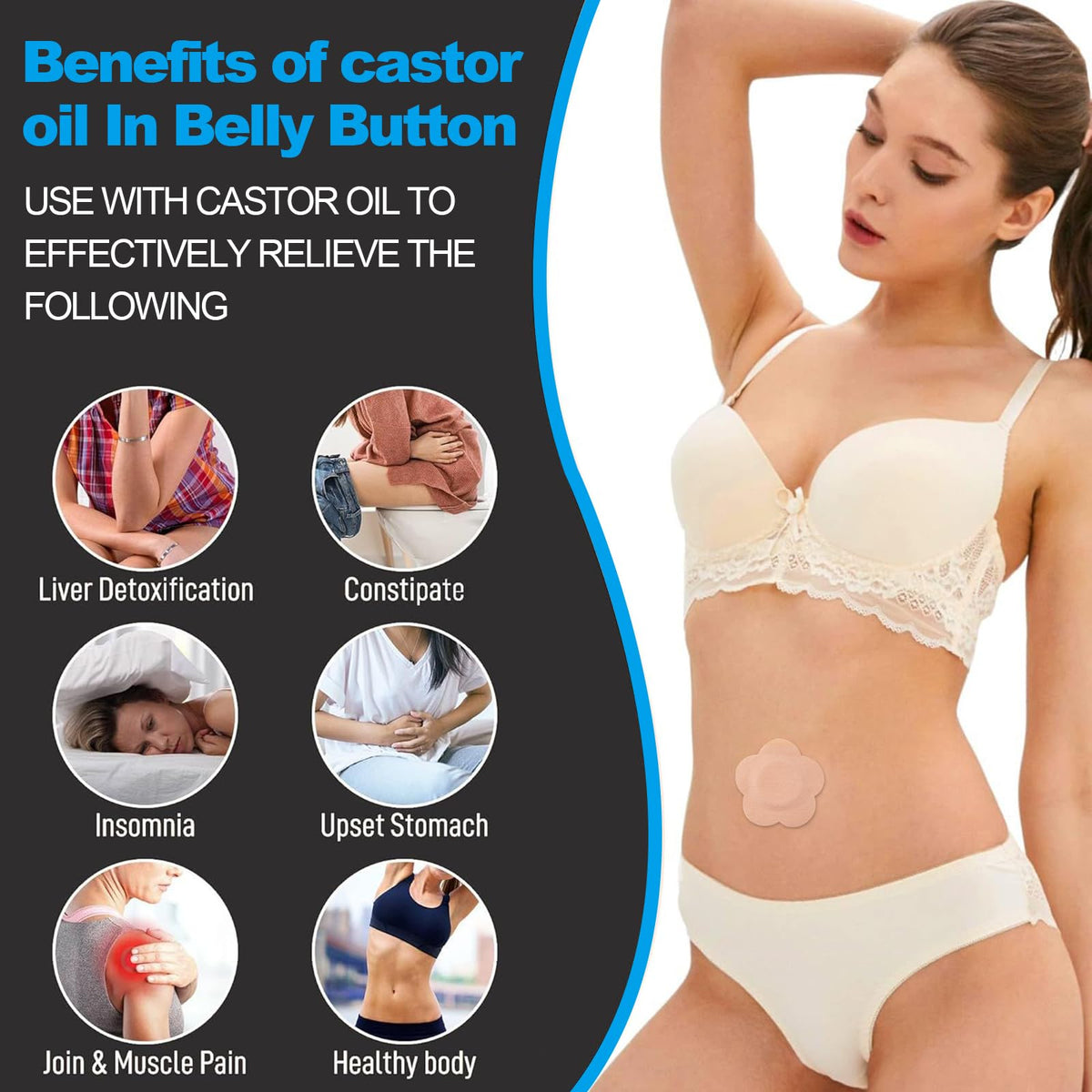 Jconly patch applied on belly button offering discreet, mess-free use