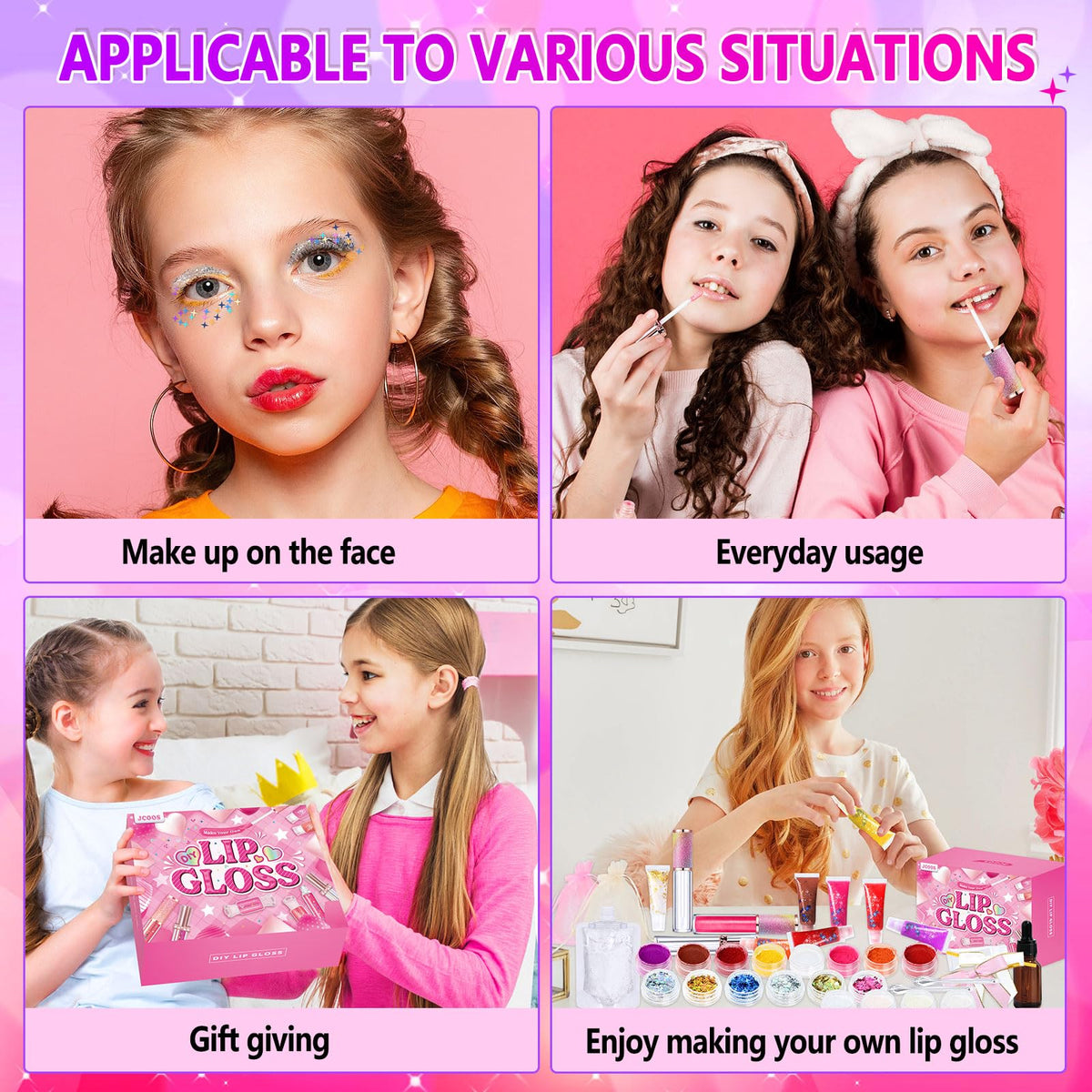 Jcoos finished glosses displayed in tubes showcasing wearable shine benefit