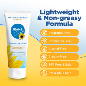 Jeans Cream used on face showing gentle hydration for sensitive skin