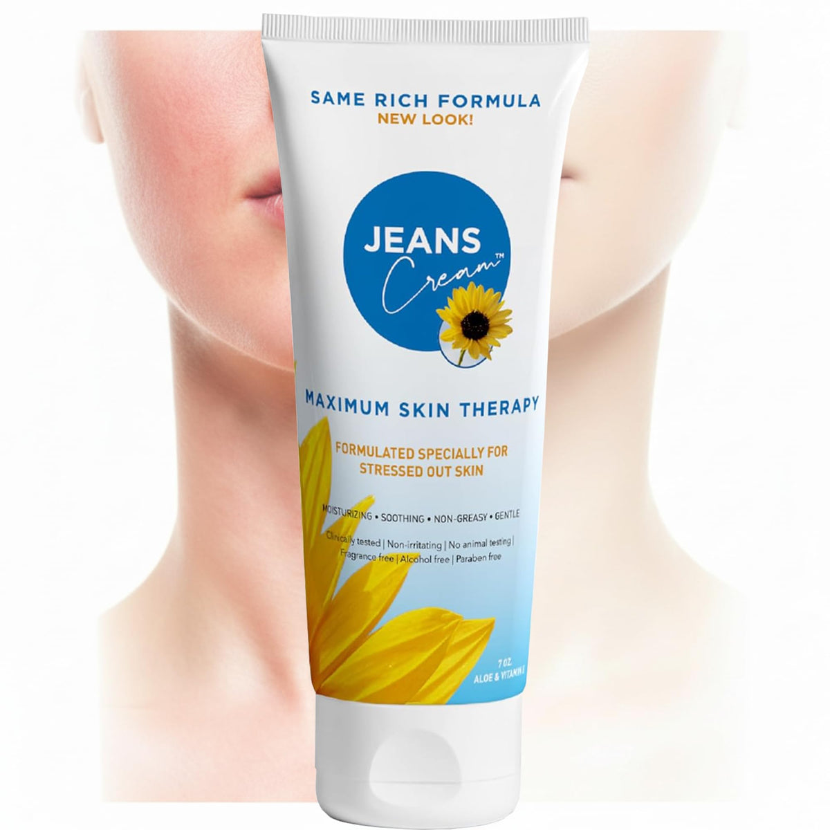 Jeans Cream front jar showing label and 7 oz size, brand comfort