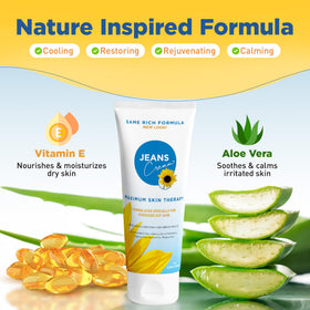 Jeans Cream with aloe and vitamin E ingredients highlighting soothing benefit