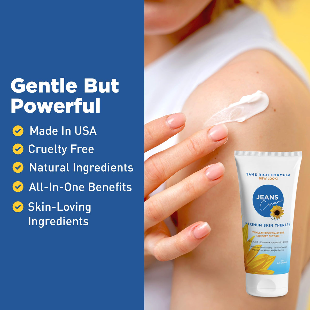 Jeans Cream on bathroom counter in lifestyle setting for daily skincare routine