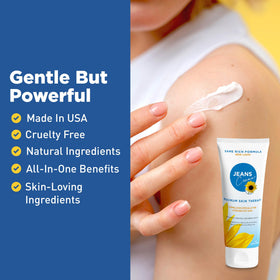 Jeans Cream on bathroom vanity as part of a daily skincare routine