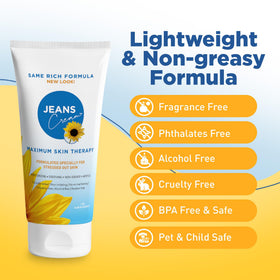 Jeans Cream next to coin for scale to show compact 2oz travel-friendly size