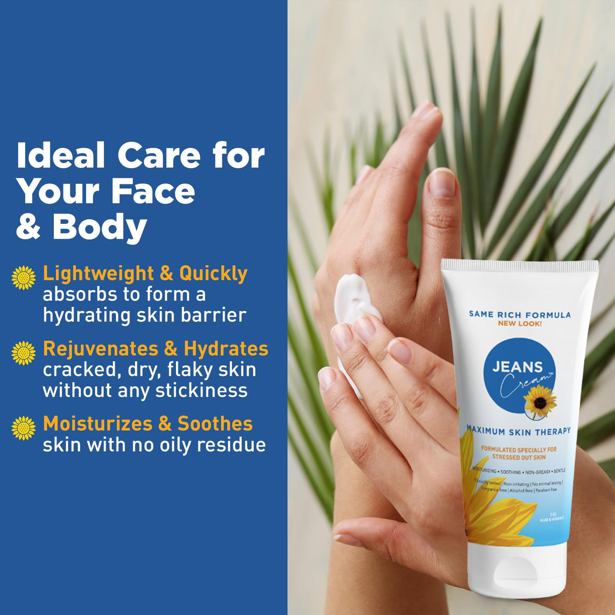 Jeans Cream tube close-up label highlighting aloe and vitamin E benefits
