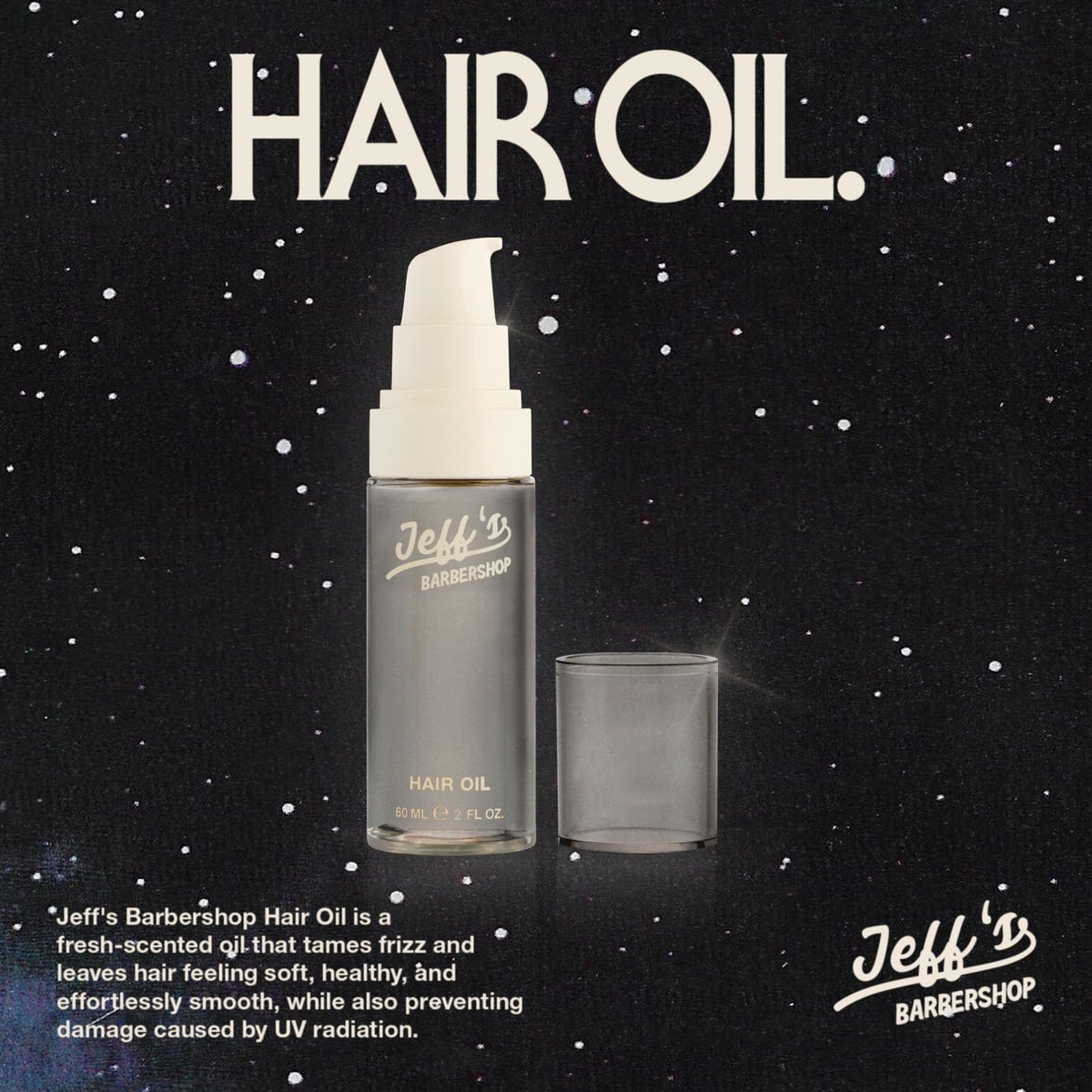 Jeff's Barbershop label close-up highlighting ingredients and professional origin