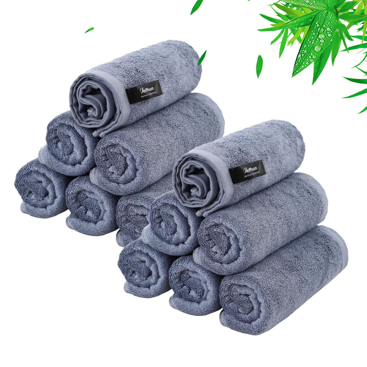 JEFFSUN front pack of 12 slate blue face washcloths showing set benefit