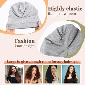 JenPen bonnet worn by model with curly hair showing reduced frizz and comfortable fit