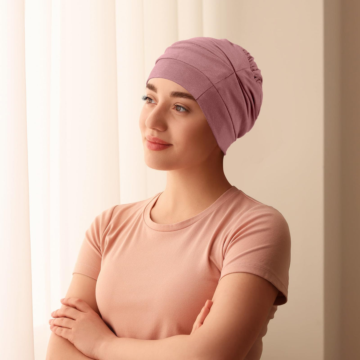 JenPen pleated side profile showing stylish turban look for quick outfits
