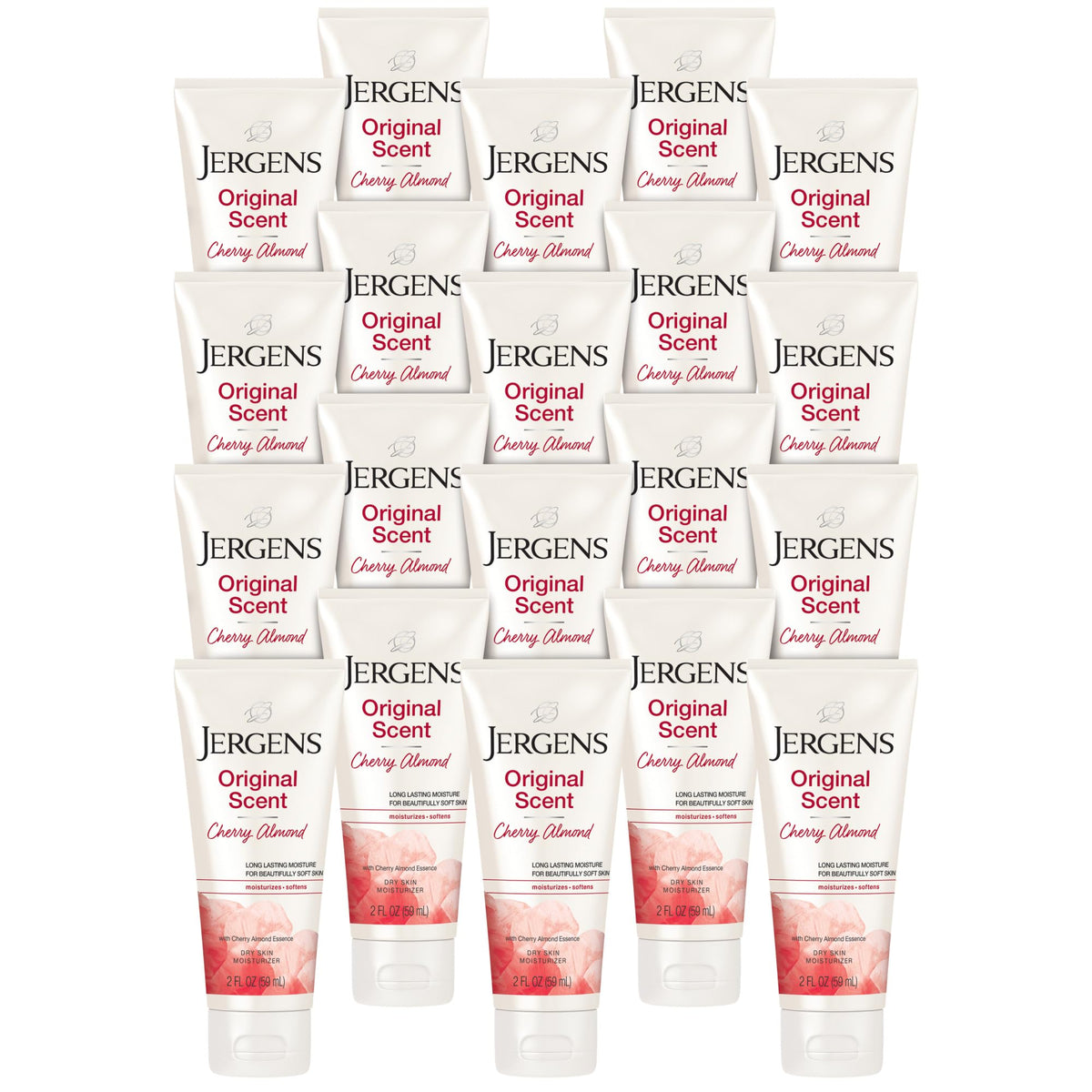Jergens front packaging showing cherry almond scent and compact 2 oz convenience
