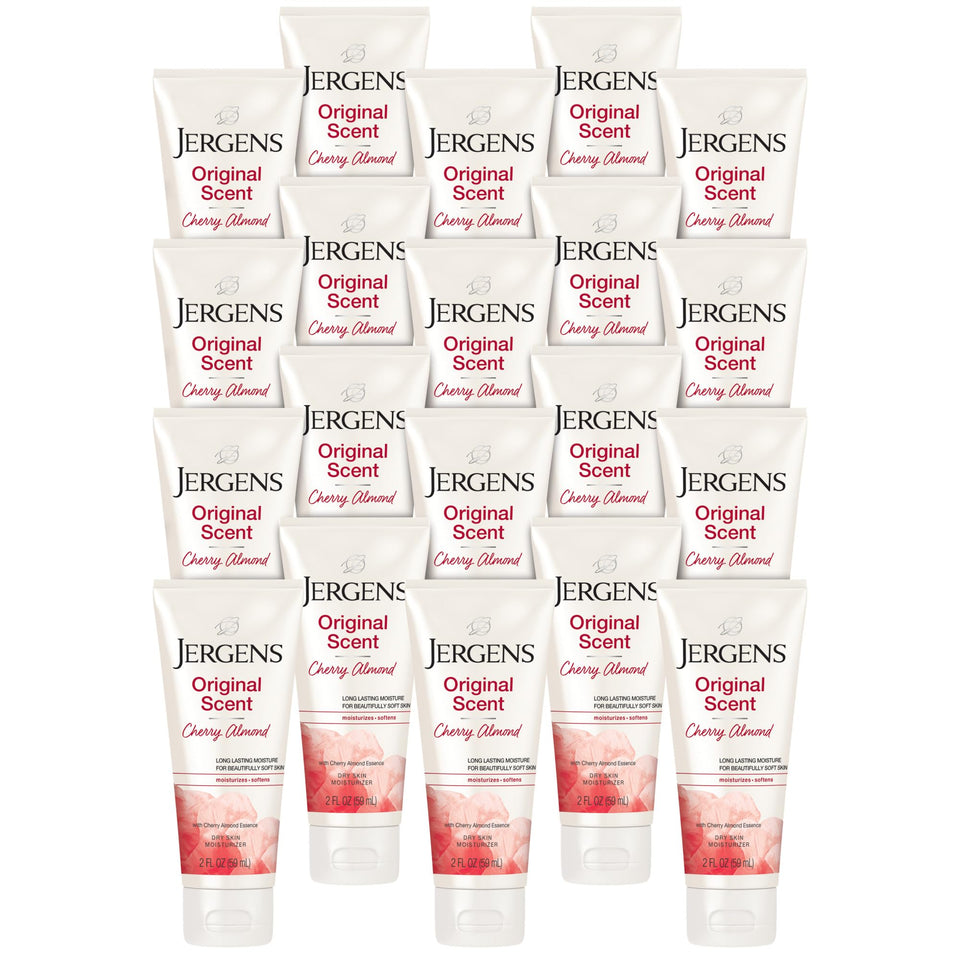 Jergens front packaging showing cherry almond scent and compact 2 oz convenience