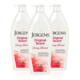 Jergens front packaging showing cherry almond scent and 21 oz size for recognizable hydration