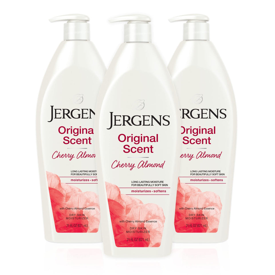 Jergens front packaging showing cherry almond scent and 21 oz size for recognizable hydration