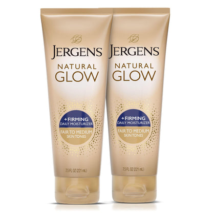 Jergens front packaging showing Natural Glow +FIRMING benefits and visible tan result