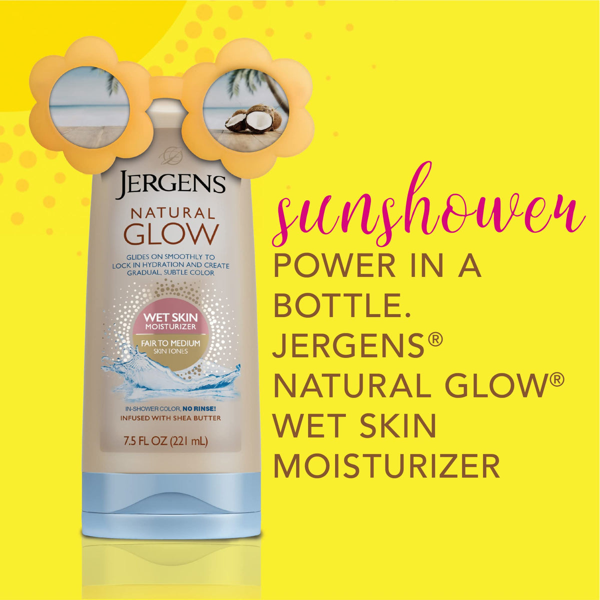 Jergens applied to wet skin under shower illustrating quick use