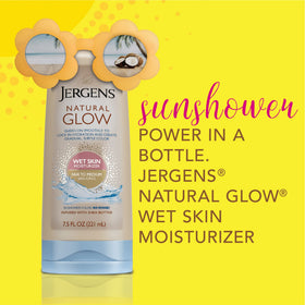 Jergens applied to wet skin under shower illustrating quick use