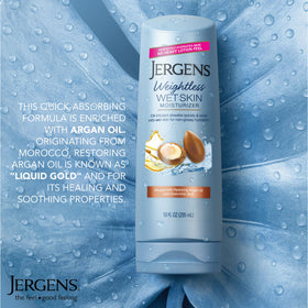 Jergens applied to damp arm showing quick absorption and smooth finishing benefits