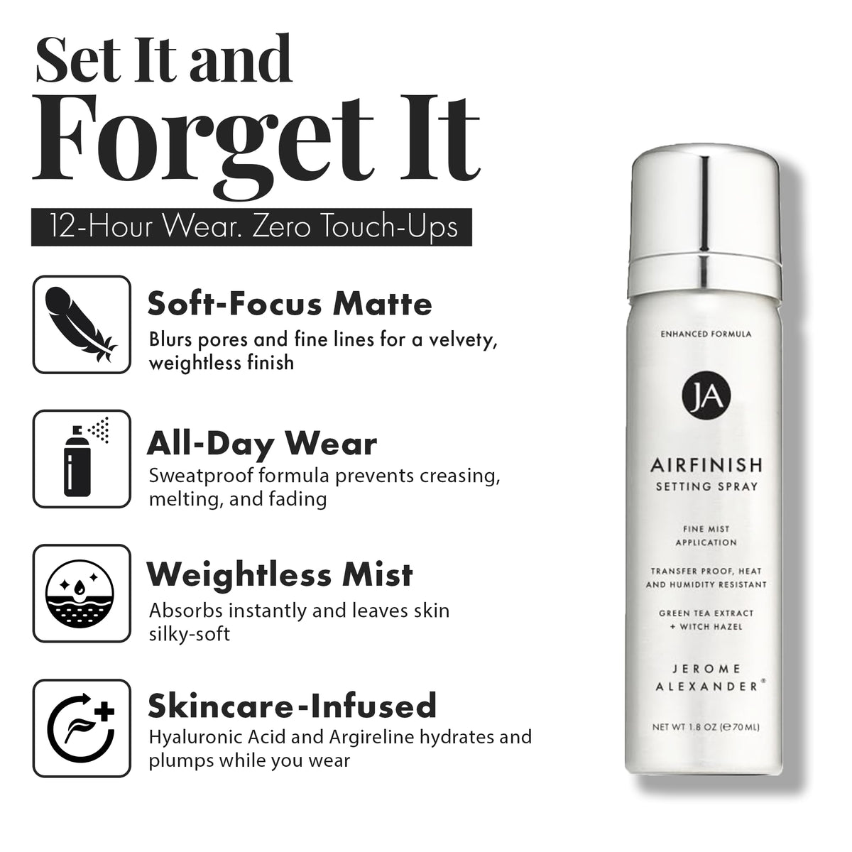 Jerome Alexander AirFinish setting spray mid-spray demonstrating long-wear benefit
