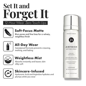 Jerome Alexander AirFinish setting spray mid-spray demonstrating long-wear benefit