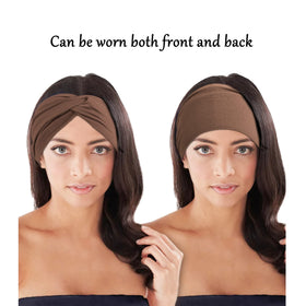 Jesries headband holding a large bun for full-coverage styling
