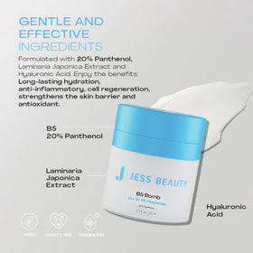 JESS BEAUTY ingredient label showing panthenol, hyaluronic acid, and vitamin E for ingredient transparency