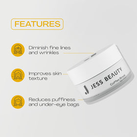 JESS BEAUTY ingredients spread highlighting caffeine squalane and panthenol benefits