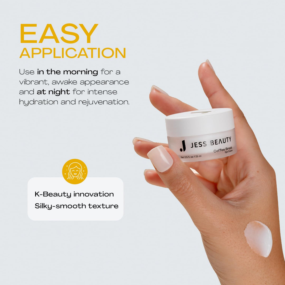 JESS BEAUTY jar next to a coin showing 0.5 fl oz compact travel-friendly size