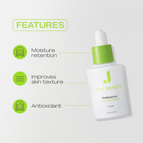 JESS BEAUTY close-up label listing gluconolactone and macadamia oil benefits
