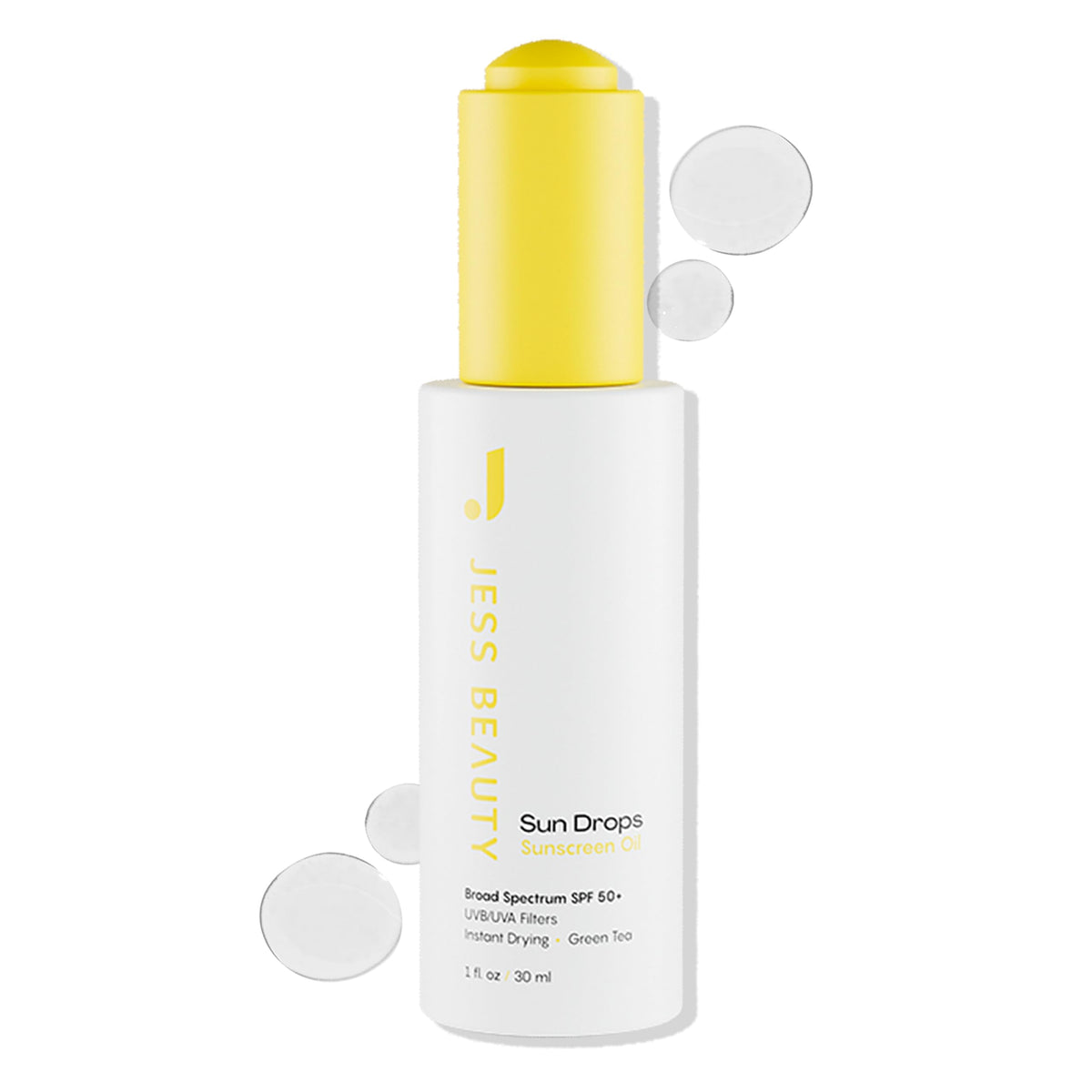 JESS BEAUTY front bottle view showing SPF 50 and sleek packaging benefits