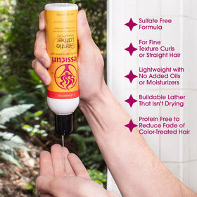 Jessicurl shampoo creamy lather close-up demonstrating soft foam and gentle cleanse